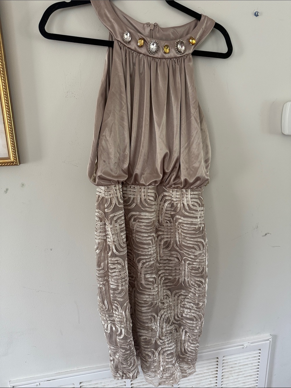 Jessica Howard Taupe Beaded Halter Cocktail Dress